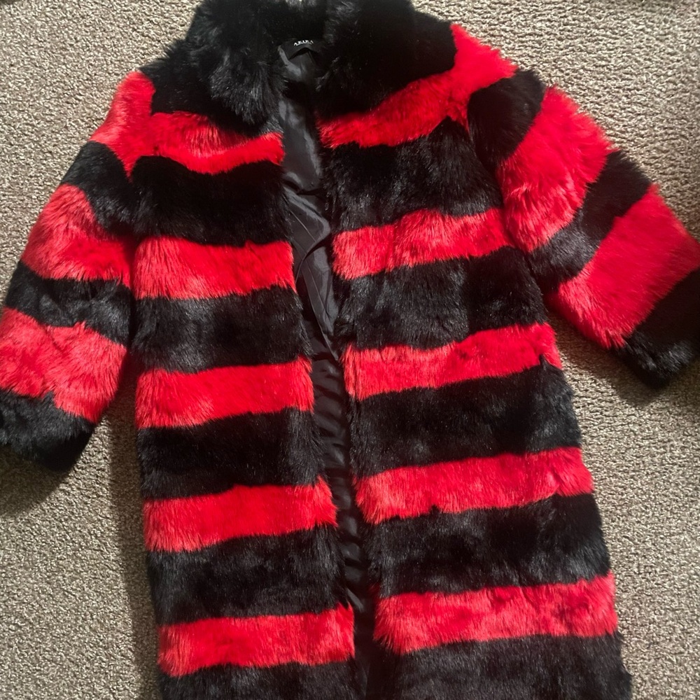 AKIRA Red and Black Striped Faux Fur Coat